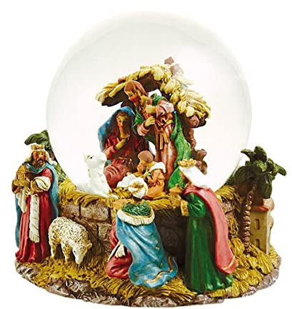 Große Weihnachtsmusikalische Schneekugel/Schneekugel mit Spieluhr aus Polystone mit Glaskugel, Glitzer, Krippe, DREI Königen und 18-Ton-Federspielwerk - Stille Nacht, heilige Nacht (F. X. Gruber)