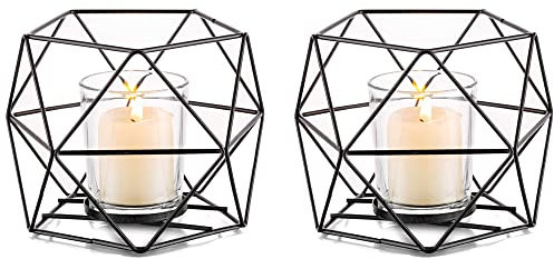 NUPTIO Geometrische Kerzenhalter Schwarz Teelichthalter - 2er Kerzenständer Esstisch Deko Moderne Regal Badezimmer Wohnzimmer Kleine Dekoartikel Metall Windlicht Teelichter