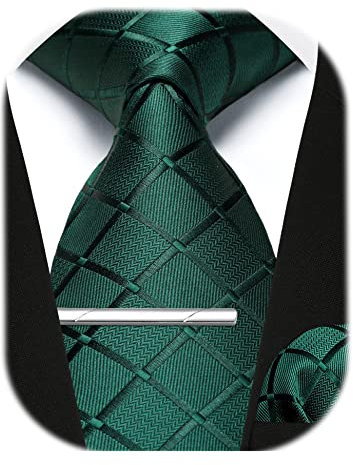 Enlision Herren Krawatten und Einstecktuch krawattenklammer Set Grün Karierte Krawatte Taschentuch Krawattennadel Für Männer Business Hochzeit,Grün,Einheitsgröße
