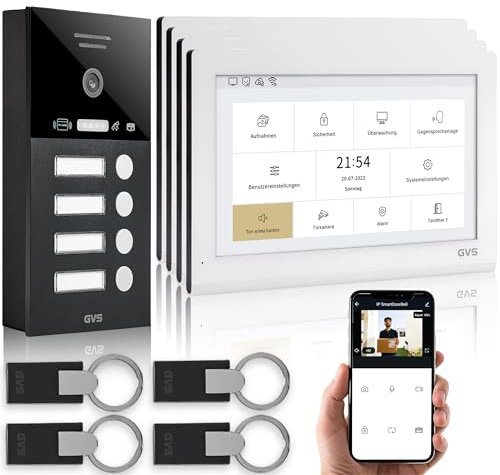 GVS - IP Video Türsprechanlage 4 Familienhaus mit Türöffner (RFID), HD Kamera, 4X 10 Zoll Monitor & App - Smarte Video Türklingel mit Kamera & Gegensprechanlage (AVS5444A)