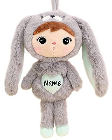 Elefantasie Stoffpuppe Hasenmädchen mit Namen personalisiert Grau/Mint 30 cm