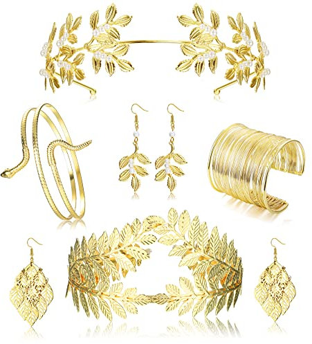 Kakonia Griechische Göttin Kostüm Zubehör Set für Damen Goldenes Lorbeerblatt Krone Stirnband Schlange Oberarmmanschette Spiralarmband Blatt Ohrhänger Gold