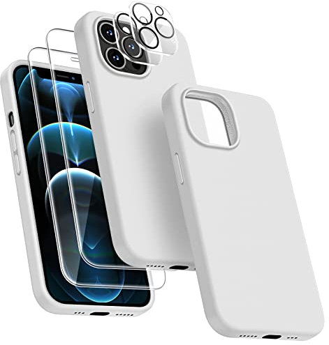 Dssairo [5 in 1 für iPhone 12 Pro Max Hülle 6,7 Zoll, mit 2 Pack Displayschutzfolie + 2 Pack Kameraobjektivschutz, Flüssigsilikon Ultra Slim Stoßfest Schutzhülle Handyhülle (weiß)