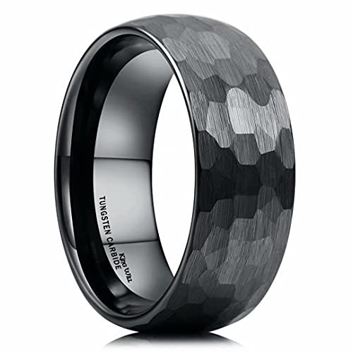 King Will 8mm Hammered Tungsten Rings for Men Women Domed Black Brushed Engagement Mens Wedding Band 9.5