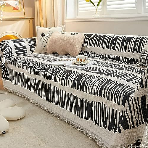 Homxi Sofabezug 4 Sitzer Big Sofa,180x360CM,Sofabezüg Streifenmuster mit Quasten Sofabezug Leinen Baumwolle Sofa-Handtuch Schwarz Weiß Sofahusse
