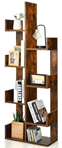 HOMASIS Scaffale a Forma di Albero, Libreria Verticale a 8 Livelli, Portaoggetti in Legno, Moderna e Salvaspazio per Soggiorno, Cameretta, Ufficio, 50 x 25 x 145 cm, Marrone