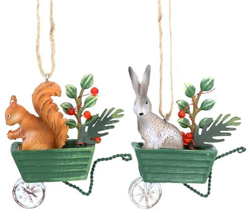 Gisela Graham Resin Resin Hare and Squirrell Decorations on Tin Wheel Barrow Set of 2 Assorted