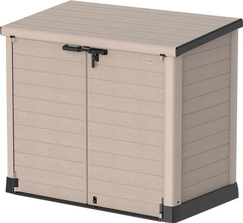 Duramax Cedargrain StoreAway 1200L Plastic Garden Storage Shed/Flat Lid, Outdoor Storage, Wheelie bin box, Durable Construction– Ideal for Tools, Bikes, BBQs & 2x 240L Bins, 145x85x125 cm, Warm Taupe