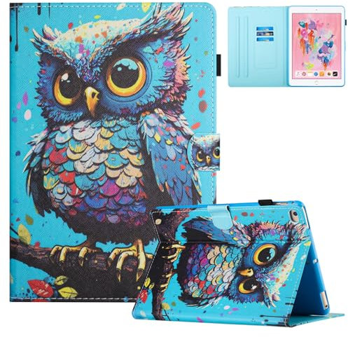 XFDSFDL® Étui pour Apple iPad Air/Air 2 / iPad 2017-2018 (9,7 Pouces) PU Cuir Housse Flip Coque Hiboux Colorés Motif avec Support Portefeuille Veille/Réveil Automatique Protection Cas 02