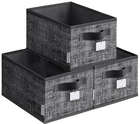SONGMICS Collapsible Storage Boxes, Set of 3 Fabric Storage Baskets, 30 x 20 x 15 cm, Wardrobe Storage Organisers, 2 Handles, Label Holders, for Bedroom, Living Room, Ink Black ROB415B01
