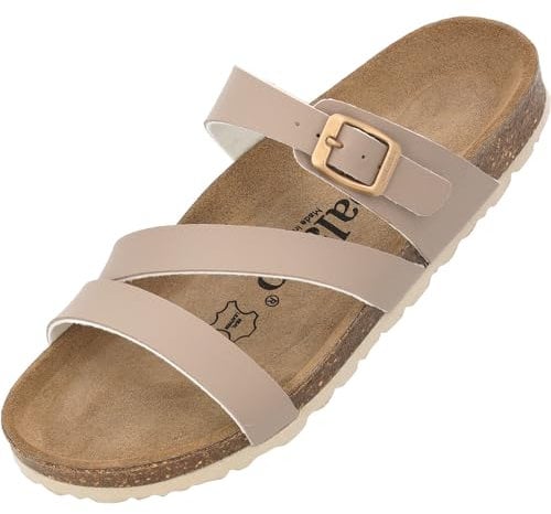 Palado Pantoletten Damen Ikaria – bequeme Sandalen Made in Spain - Hausschuhe mit dämpfendem Kork-Fußbett - modische Sommerschuhe Beige Matt UK5,5 - EU38