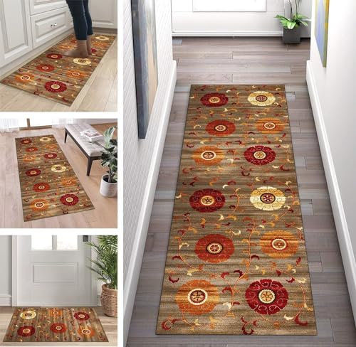 ZUZEKU Abstrakte Läufer Flur Küche Waschbar rutschfest 100X250cm Vintage Braun Orange Rot Lang Küchenteppich Flurteppich Teppich Fur Korridor Wohnzimmer Schlafzimmer Meterware Anpassbar