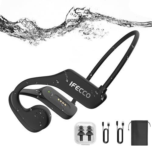 IFECCO Auriculares Conducción Osea Natacion - IP68 Resistente al Agua Cascos para Nadar Inalámbricos,Auriculares Abiertos con Micrófono con 32G Mp3 para Natacion Running Ciclismo