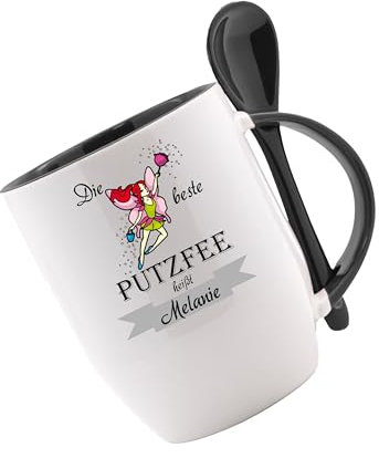 Tasse mit Löffel - Die beste Putzfee heißt ... - Löffeltasse, Kaffeetasse m. Motiv, Bürotasse, bedruckte Tasse mit Sprüchen oder Bildern, Tasse personalisiert mit Name