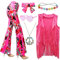 XonyiCos 6 Stück 60er 70er Jahre Hippie Kostüm Disco Outfits Fransenweste Boho Schlaghosen Frieden Zubehör Set Halloween für Frauen Karnevalskostüm (Rosa, M)
