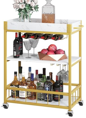 Huhote Servierwagen, Küchenwagen, Barwagen mit Rollen, Weinwagen mit Flaschenhalter, 3 Etagen, Getränkewagen für Wohnzimmer, Esszimmer, Küche, Bar, Party, Weißer Marmor/Gold
