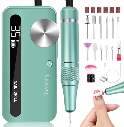 CyleeJoy Ponceuse pour Ongles Professionnel: 35000 RPM Lime a Ongle Electrique Rechargeable, 12 en 1 Ponceuse Ongle pour Acrylique/Gel, Machine Maucure Pédicure Portable - Pour Salon/Maison (Vert)