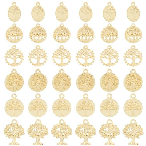 HOBBIESAY 48 ciondoli a forma di albero della vita, 6 stili, piatti, rotondi, ovali, con anello in lega, per collane, bracciali, pendenti, accessori dorati per gioielli e forniture artigianali