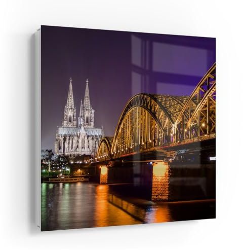 DEQORI Schlüsselkasten weiß | 30x30 cm | Motiv Kölner Nachtglanz | Glas & Metall Schlüssel-Box | Schlüsselschrank mit 50 Haken + 2 Magnete | Moderne Design Box magnetisch & beschreibbar