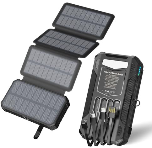 Solar Charger Power Bank 48000mAh: Built in 4 Cables 4 Foldable Solar Panels USB C in/Output Outdoor Battery Pack Phone Charger with SOS/Strobe/Strong Flashlights