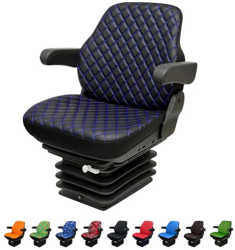 Binbir Trend Housse de siège de tracteur robuste pour tracteurs d'armoire sans appui-tête, housse de siège de chariot élévateur, motif camuflage, 8 couleurs (cuir noir – coutures bleues)