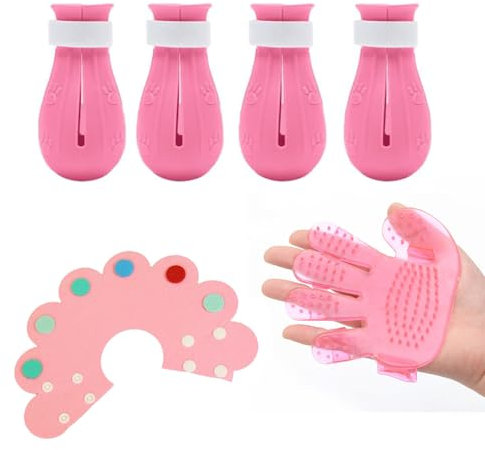 6pcs Cat Bath Supplies, 4 Cat Claw Covers, 1 Sunflower Headgear, 1 Five Finger Pet Bath Brush, with Adjustable Strap, Anti-Scratch Cat Bathing Kit, for Cat Grooming, Bathing (Pink)