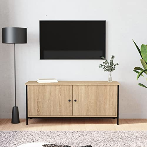 Sufrk TV Cabinet with Doors Sonoma Oak 102x35x45 cm Engineered Wood,TV Stand,Industrial Style TV Table with Open Storage Shelf for Living Room,Entertainment Room,Hallway