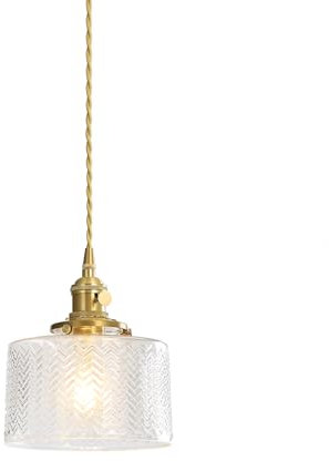 Hnexsei Suspension Moderne en Verre avec Douille Métal E27 Dorée, Abat-jour Texturé, Câble Suspendu Réglable, Idéale pour Cuisine, Salle à Manger et Salon (Transparent cannelé)