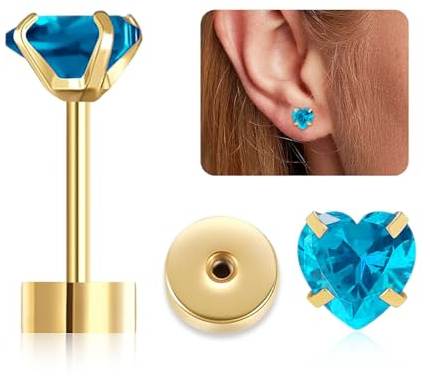 Herz Flach Zurück Ohrstecker für Frauen Mädchen, 5mm Birthstone Ohrstecker Hypoallergen Edelstahl Knorpel Ohrringe Brillant Handgefertigt Schraube Zurück Ohrringe