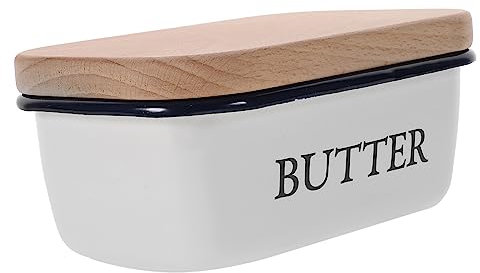 Cabilock Mantequera Con Tapa De Madera Recipiente Esmaltado Ideal Para Refrigerador
