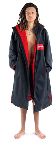 Dryrobe Advance - The Original Long Sleeve Waterproof Changing Robe - Oversized Coat with Fleece Lining - for Beach, Cold Water Wild Swimming, Surfing - Medium - Black/Red/Red