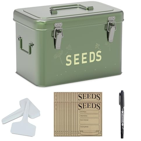 Orionstar Seed Storage Organizer, Metal Seed Saving Box with Lid, Seed Bin with 30 Plant Labels 30 Seed Envelopes 1 Marker Pens, 3 Compartments Box with Safety Locks, Tall Green