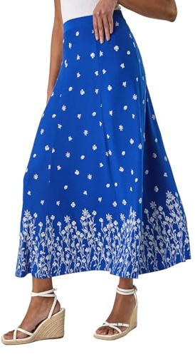 Roman Originals Jersey Skirt for Women UK - Ladies Midi Maxi Floral Animal Print Summer Spring Holiday Swing Smart Casual Work Cocktail Party Going Out Holiday Cruise - Floral Royal Blue - Size 12