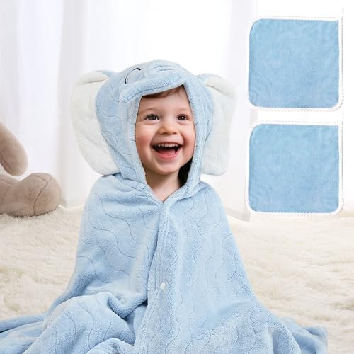 UNEEDE Badeponcho Kinder 80x120 cm, Weiches Badetuch Kinder mit Kapuze für 3-10 Jahre, Warm halten Badehandtuch Kinder, Saugstark, Schnelltrocknend & Maschinenwaschbar（Blauer Elefant）