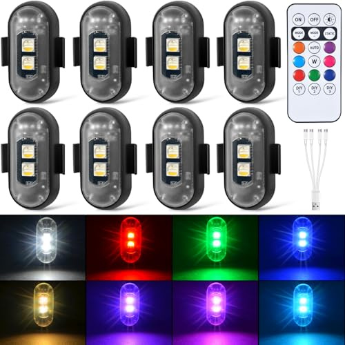 Lot de 8 lumières stroboscopiques LED sans fil avec télécommande, 8 couleurs rechargeables, lumières LED anti-collision pour voiture, moto, vélo, drone, avion