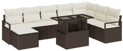 vidaXL Garten-Sofa-Set mit Speicher 9 pcs Braun Poly Rattan, Garten Lounge Set, rechteckig, modular, verstellbare Füße, Outdoor-Sofa, perfekte Sommerplätze, entspannende Ecke