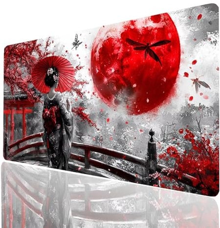 Moon Mouse mat Geisha Gaming Mouse Pad Large 36x16x0.12 In Stitched Edges Washable, Desk Mat Non-Slip Rubber Base, Mousepad Improves Speed Precision for Gaming Laptop PC Wireless Keyboard Model-04555