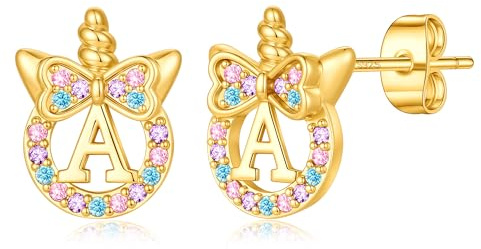 TINGN Einhorn Ohrringe für Mädchen Geschenke - Hypoallergene Silber 925 Bunte Regenbogen Zirkonia Ohrstecker mit Buchstaben Gold Ohrringe Kinder Schmuck Einhorn Geschenk für Mädchen 5-12 Jahre