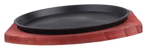 CONGARTENO Plancha De Hierro Fundido Antadherente 21cm Redonda Para Asar Bistecs y Fajitas, Sartén Gruesa Compatible Con Inducción, Cocina Casera Familiar, Con Bandeja De Madera Para Servir