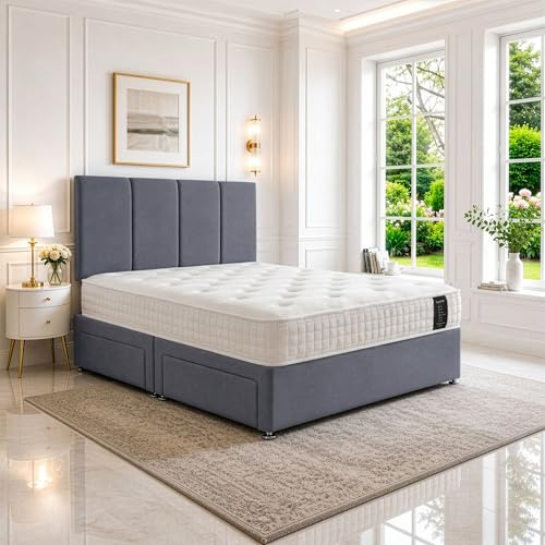 SANA SLEEP Double Divan Bed with Orthopedic, Posture Support, Multi-Layer Pocket Sprung Mattress, Headboard & 2 Storage Drawers – Plush Sierra Grey Fabric, 4FT6 UK Made, Space-efficient, Bedroom