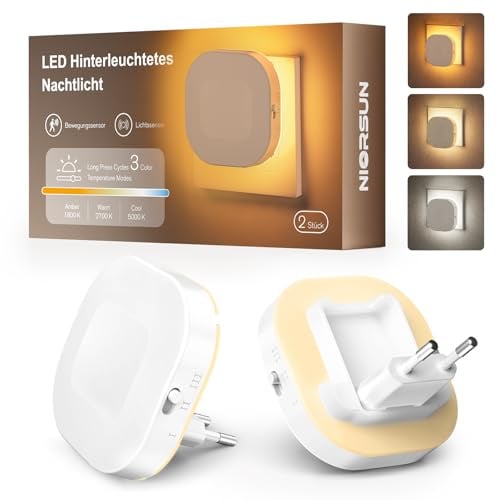 NIORSUN Nachtlicht Steckdose mit Bewegungssensor und Dämmerungssensor, 2 Stück 1800K-5000K LED hinterleuchtete Nachtlicht, Dimmbar Steckdosenlicht für Kinderzimmer, Schlafzimmer, Treppen, Gang