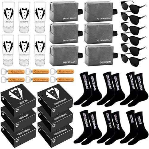 Mhoel 36Pcs Groomsmens Gifts Set of 6,Proposal Box Gifts,2oz Shot Glasses,Oxford Bags,Black Sunglasses,Bottle Openers,Socks,Proposal Boxes,Wedding Bachelor Party for Groomsmens