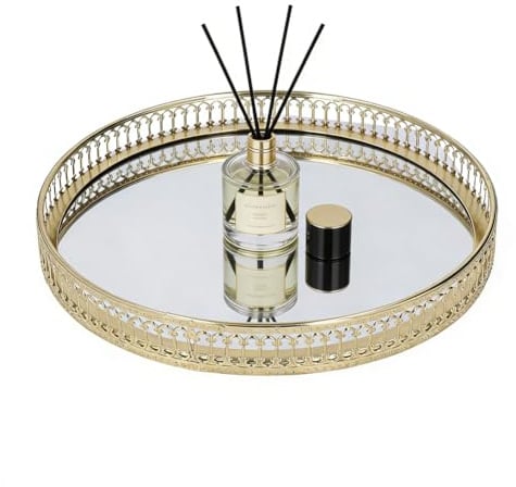 25 Cm Bandeja Redonda con Espejo,Bandeja Decorativa para Tocador, Baño | Tocador Adornada Dorada para Joyas de Maquillaje de Perfume, Organizador de Almacenamiento de Exhibición de Baratijas