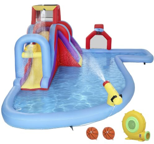 AIYAPLAY Castillo Hinchable Acuático 6 en 1 con Soplador 550W 470x445x205cm | para Niños, Tobogán, Pared de Escalada, Piscina, Aro de Baloncesto, Portería de Fútbol, Exterior Interior