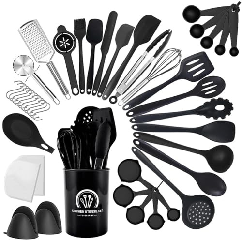 Omtofo 43 Stück Silikon Küchenhelfer Set, Kochutensilien Kochbesteck Set, Hitzebeständiger Kochgeschirr mit Utensilienhalter, Antihaft Kochset Küchenutensilien, Spülmaschinenfest, Schwarz