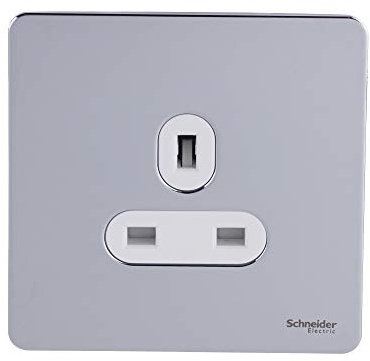 Schneider Electric - Ultimate screwless flat plate (USFP) Single unswitched socket 13A - Wiring Devices Removable front plate for ease and efficient decorating - Polished Chrome/White - GU3450WPC