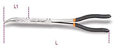 Beta 1009L/DP - Pinza a becchi mezzotondi lunghissimi zigrinati piegati a 45°, con doppio snodo manici ricoperti con 2 strati di PVC antiscivolo