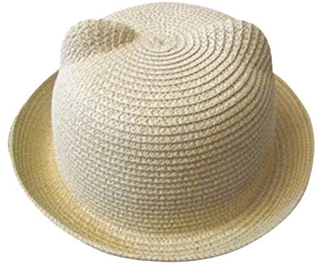 Butterme Chapeau de paille avec oreilles de chat mignon pour l'été, la plage, le soleil, le bord enroulable Derby pour bébé garçons et filles, beige, taille unique