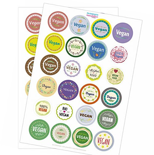 48 x bunte Design Etiketten VEGAN im Mix - für Ihre individuellen Produkte - Manufaktur - Hotel Buffet - Aufkleber Sticker im Set
