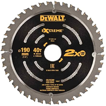 Dewalt DT4394-QZ Lame de scie circulaire portative Extreme, 190x30mm, 40 dents, Terasses, Pour la coupe du bois tendre et laminés